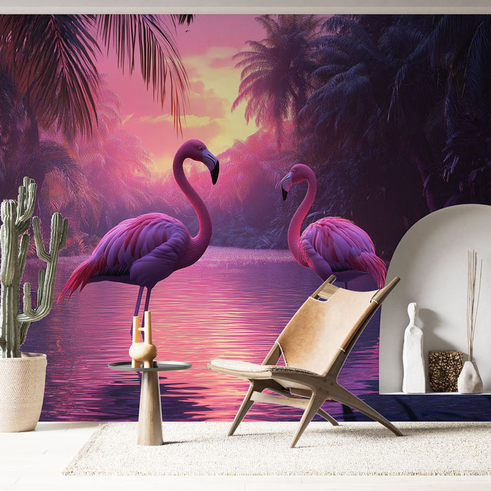 Un salon moderne avec un papier peint tropical représentant des flamants roses sur fond dégradé de violet et de rose, créant une atmosphère exotique et apaisante.