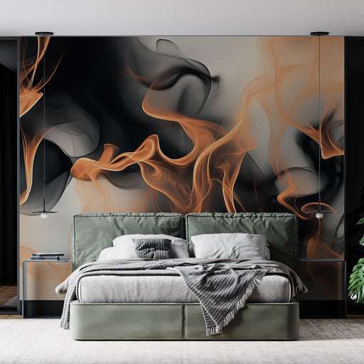 Papier peint abstrait avec motif de nuages de fumée orange et noir pour chambre moderne