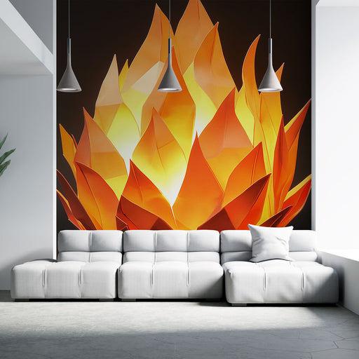 Papier peint design moderne avec motif de flamme et éclairage chaleureux pour salon contemporain