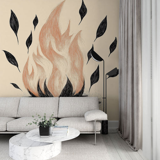 Papier peint design artistique avec flammes et feuillage stylisé pour salon moderne