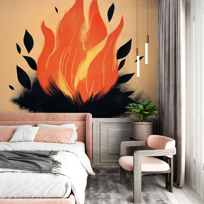 Papier peint artistique avec illustration de flamme et feuilles pour décoration de chambre moderne