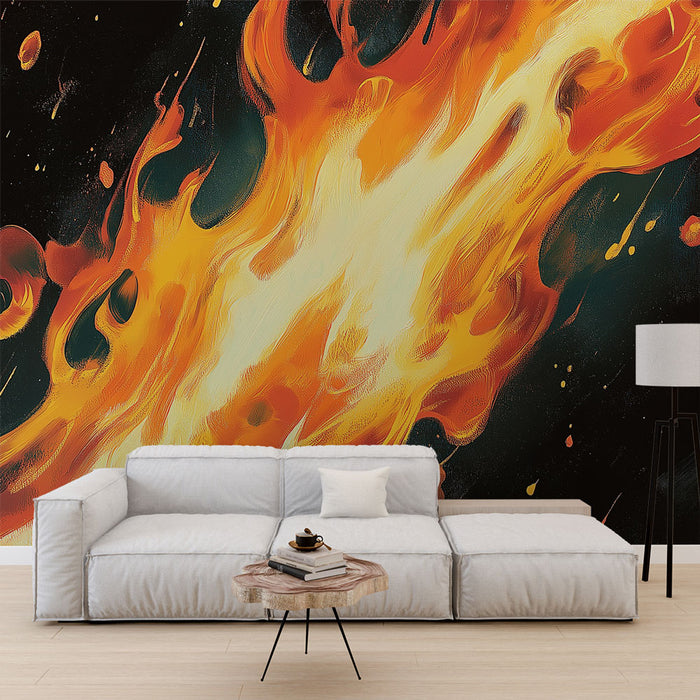 Papier peint design dynamique avec flammes abstraites sur fond noir pour salon moderne
