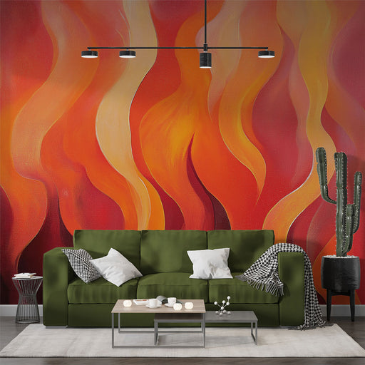Papier peint design vibrant avec motifs de flammes aux tons chauds de rouge et orange pour salon moderne.