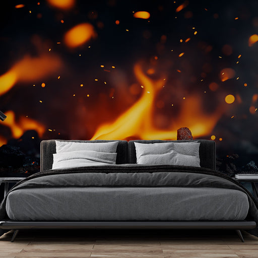 Papier peint effet flammes et braises crépitantes pour chambre moderne et chaleureuse