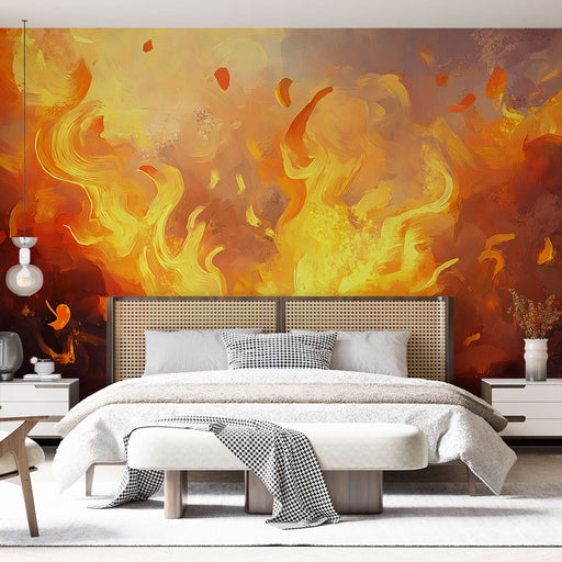 Papier peint explosion de couleurs chaudes et vibrantes avec motifs de flammes pour chambre moderne