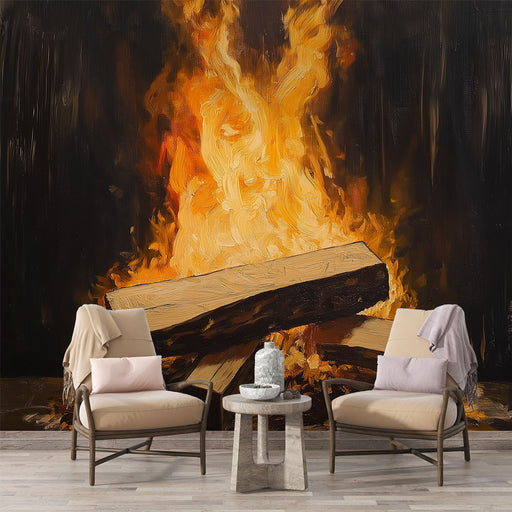 Papier peint feu de bois ardent avec flammes vibrantes pour salon chaleureux et moderne