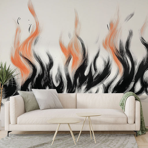 Papier peint abstrait avec motif de flammes noir et orange pour salon moderne