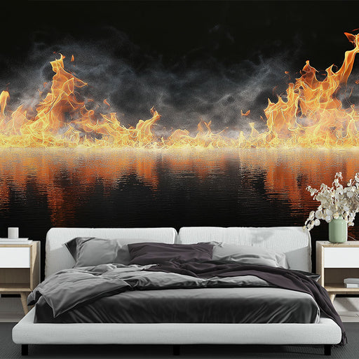 Papier peint mural avec motif de flammes vibrant et effet miroir pour chambre moderne.