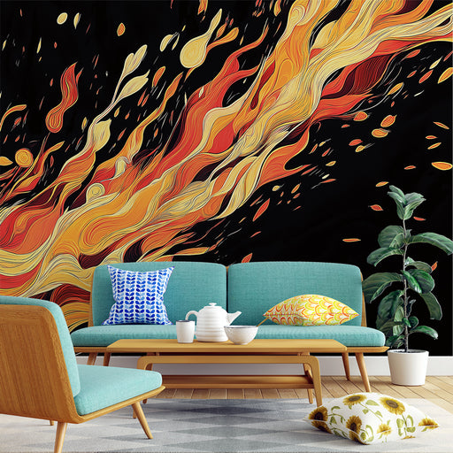 Papier peint moderne avec motif stylisé de flammes vives sur fond noir pour salon contemporain.