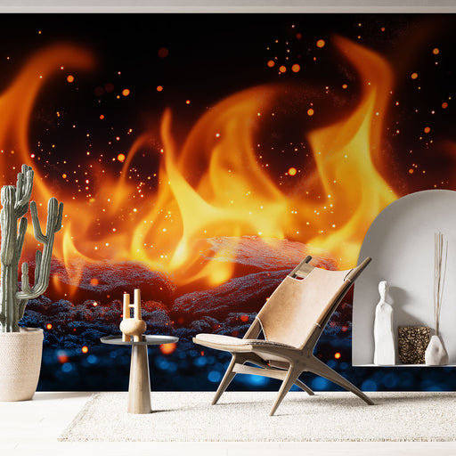 Papier peint mural avec motif de flammes aux couleurs éclatantes pour salon moderne et audacieux.