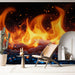 Papier peint mural avec motif de flammes aux couleurs éclatantes pour salon moderne et audacieux.