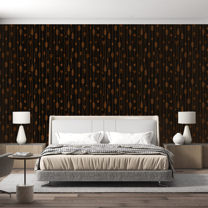 Une chambre moderne avec un papier peint noir orné de motifs de flèches dorées, créant une ambiance à la fois dynamique et élégante.
