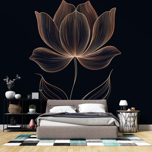 Papier peint floral abstrait avec motif de lignes dorées sur fond noir pour chambre élégante