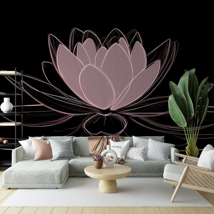 Un salon moderne avec un papier peint représentant une fleur de lotus stylisée en rose sur fond noir, créant une ambiance élégante et apaisante.
