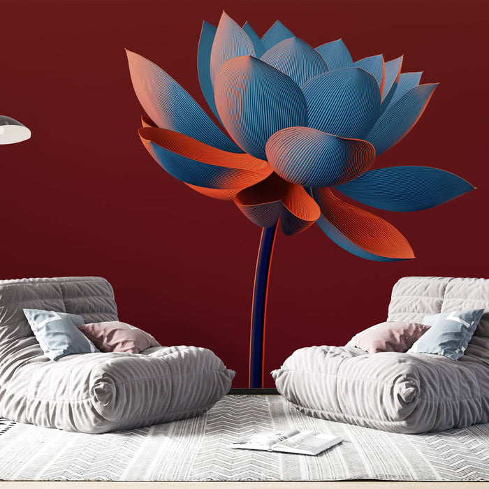 Une salle de séjour moderne avec un papier peint représentant une grande fleur stylisée en bleu et orange sur fond rouge, créant une atmosphère audacieuse et artistique.
