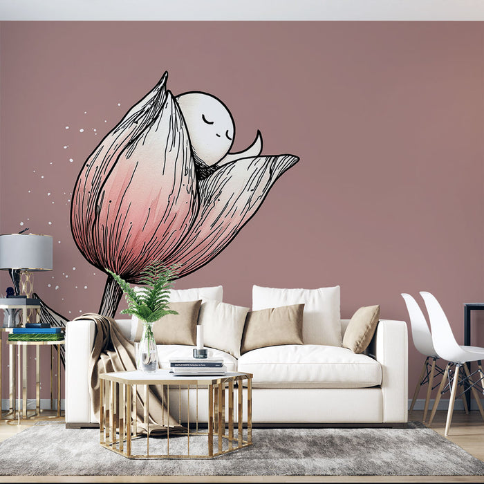 Un salon moderne avec un papier peint illustratif représentant une fleur stylisée et un personnage endormi, créant une ambiance douce et rêveuse.