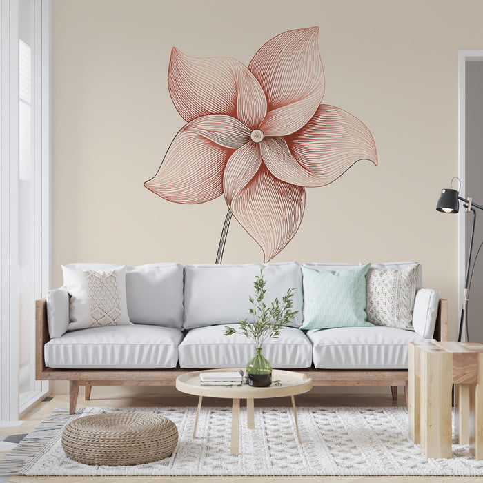 Un salon moderne avec un papier peint représentant une grande fleur stylisée aux lignes délicates dans des teintes rose et beige, créant une atmosphère douce et accueillante.