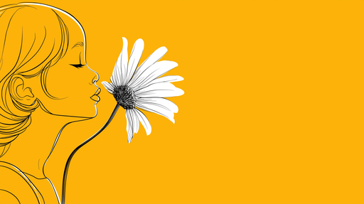 Papier peint fleur et visage Illustration délicate d'une jeune fille humant une fleur blanche sur fond jaune