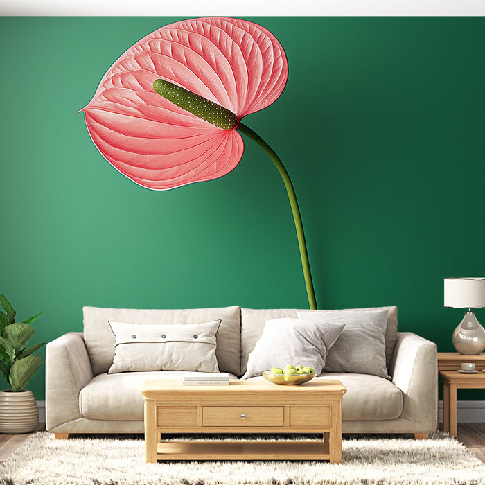 Papier peint fleur | Fleurs d'anthurium roses sur un fond vert