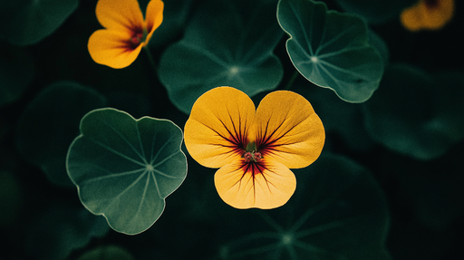 Papier peint fleur jaune Fleur de capucine éclatante sur un fond vert profond