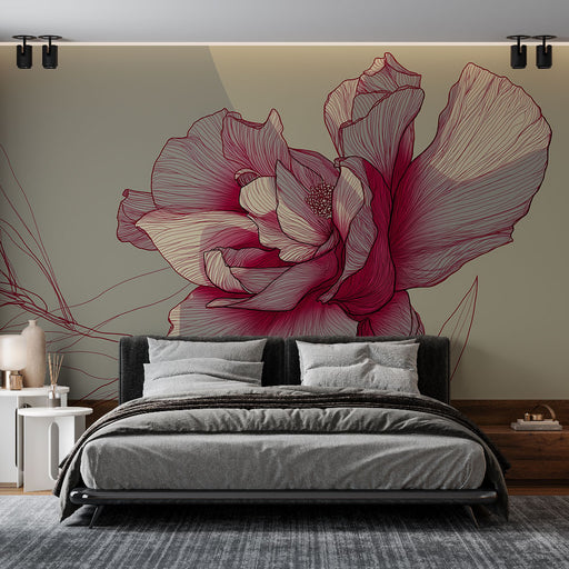 Une chambre moderne avec un papier peint floral représentant une grande fleur aux nuances de rose et des lignes délicates, créant une ambiance élégante et apaisante.