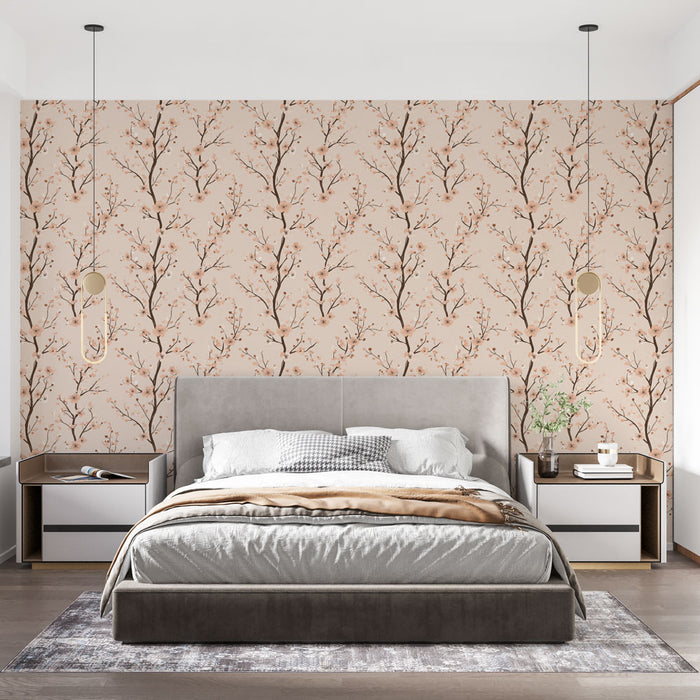 Une chambre moderne avec un papier peint floral beige orné de branches délicates et de fleurs pastel, créant une atmosphère douce et apaisante.