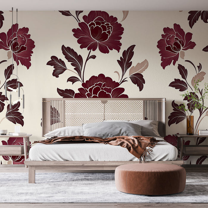 Papier peint fleuri avec éléments floraux en rouge et crème pour chambre élégante