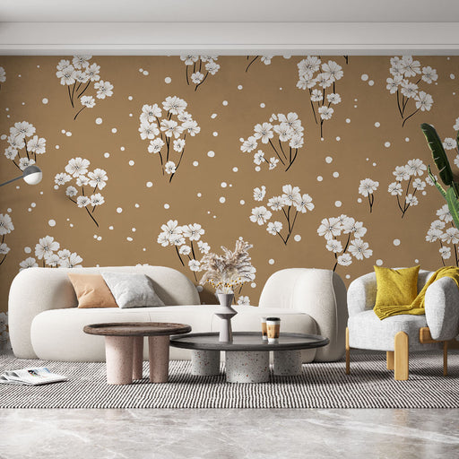 Un salon moderne avec un papier peint floral beige orné de fleurs blanches et de points, créant une ambiance douce et accueillante.