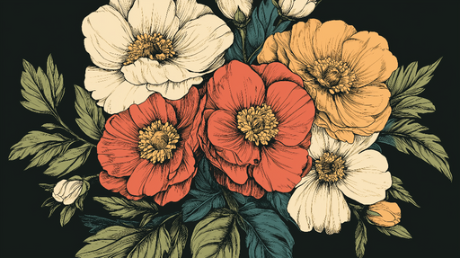 Papier peint fleuri Fleurs vibrantes sur fond noir