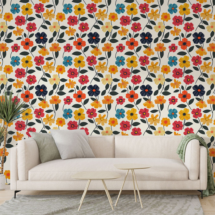 Un salon lumineux avec un papier peint floral aux motifs colorés de fleurs rouges, jaunes et bleues sur fond crème, créant une ambiance joyeuse et accueillante.