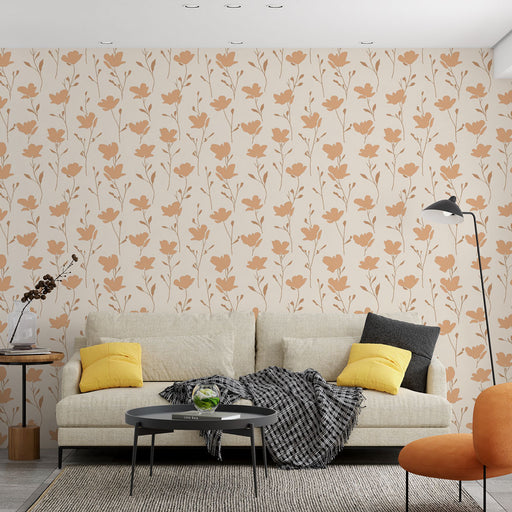 Un salon moderne avec un papier peint floral beige et terracotta aux motifs délicats, créant une atmosphère chaleureuse et accueillante.