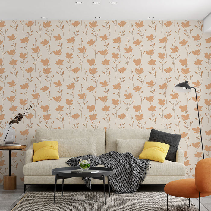 Un salon moderne avec un papier peint floral beige et terracotta aux motifs délicats, créant une atmosphère chaleureuse et accueillante.