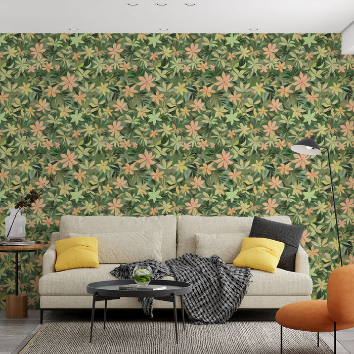 Un salon moderne avec un papier peint floral aux motifs de fleurs roses et vertes sur fond sombre, créant une ambiance chaleureuse et accueillante.