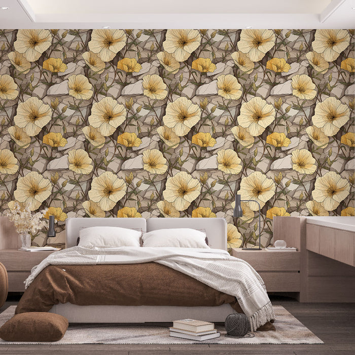 Une chambre moderne avec un papier peint floral aux grandes fleurs jaunes et blanches sur fond beige, créant une atmosphère chaleureuse et accueillante.