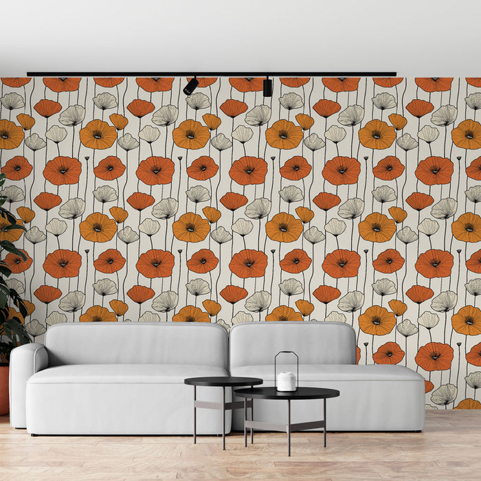 Un salon moderne avec un papier peint floral aux motifs de coquelicots orange et blancs sur fond clair, créant une atmosphère chaleureuse et accueillante.
