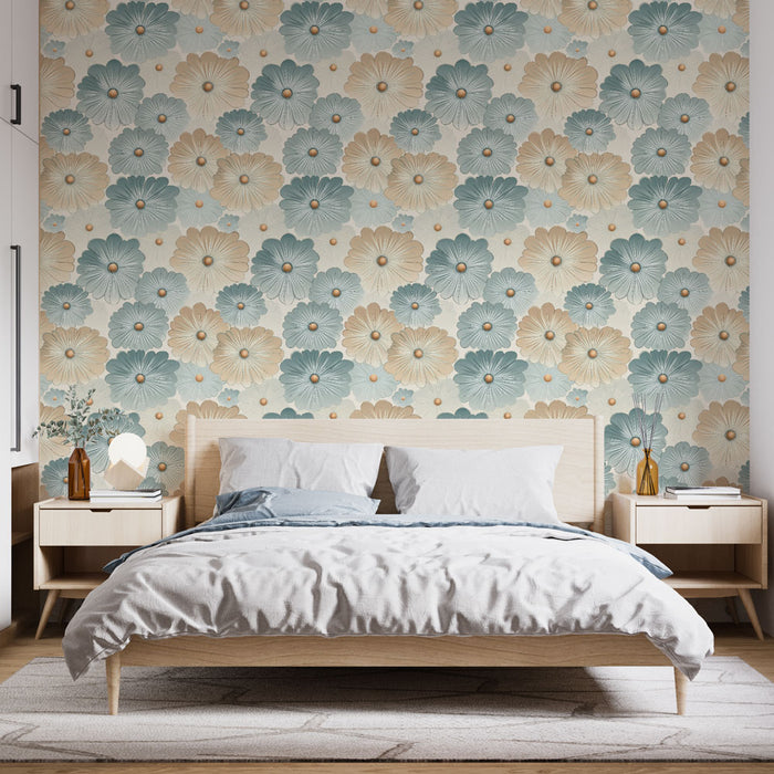 Une chambre lumineuse avec un papier peint floral aux grandes fleurs bleu pâle et beige, créant une atmosphère douce et apaisante.