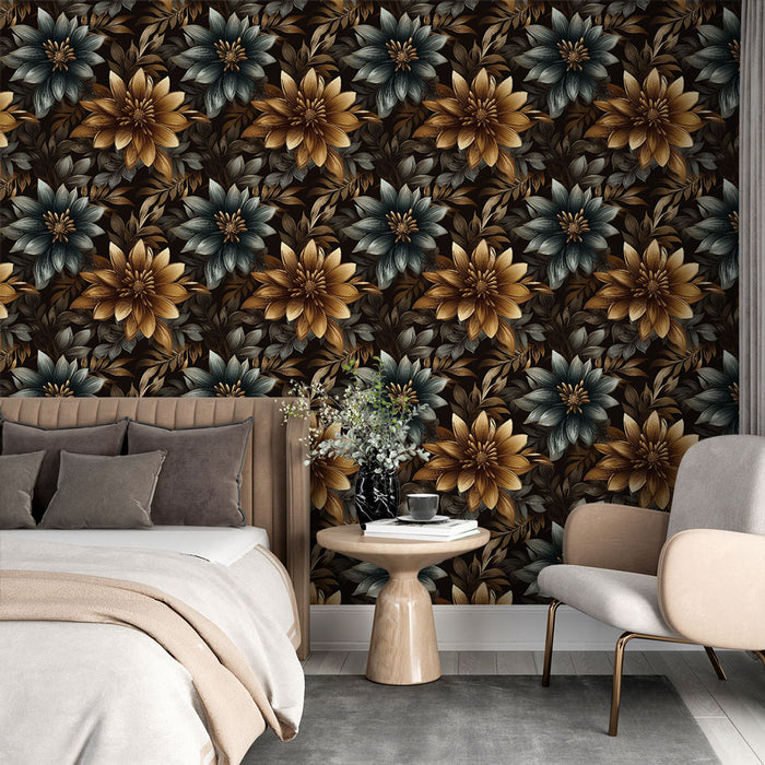 Une chambre élégante avec un papier peint floral aux teintes dorées et bleues sur fond sombre, créant une atmosphère chaleureuse et sophistiquée.