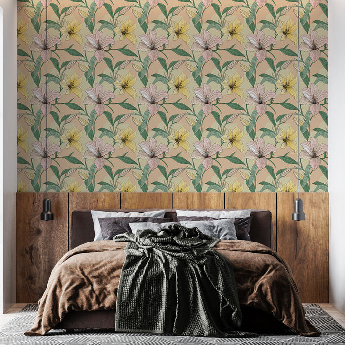 Une chambre moderne avec un papier peint floral aux teintes douces de rose et jaune, créant une atmosphère chaleureuse et apaisante.