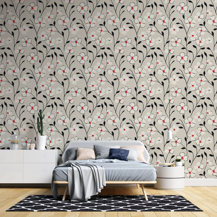 Une chambre moderne avec un papier peint floral beige et noir, orné de délicates fleurs blanches et touches rouges, créant une ambiance douce et accueillante.