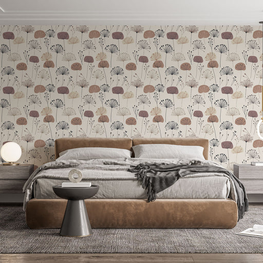 Une chambre moderne avec un papier peint floral aux motifs délicats dans des teintes douces de rose, noir et beige, créant une atmosphère apaisante et chaleureuse.