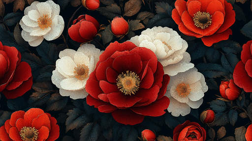Papier peint fleuri Pivoines rouges et blanches sur fond noir