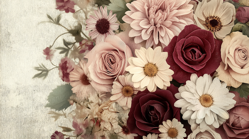 Papier peint fleuri Roses et Marguerites en Teintes Douces