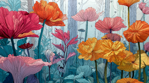 Papier peint fleuri Un jardin  de fleurs colorées et stylisées