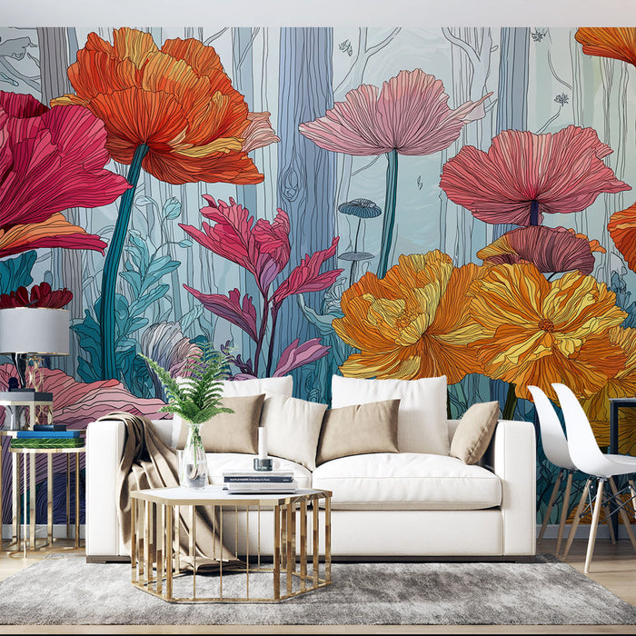 Un salon élégant avec un papier peint floral aux couleurs vives, représentant de grandes fleurs orangées, roses et rouges sur un fond apaisant.