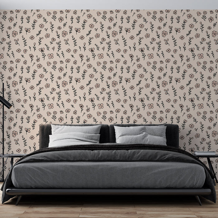 Une chambre moderne avec un papier peint floral beige orné de motifs noirs et roses, créant une ambiance douce et accueillante.