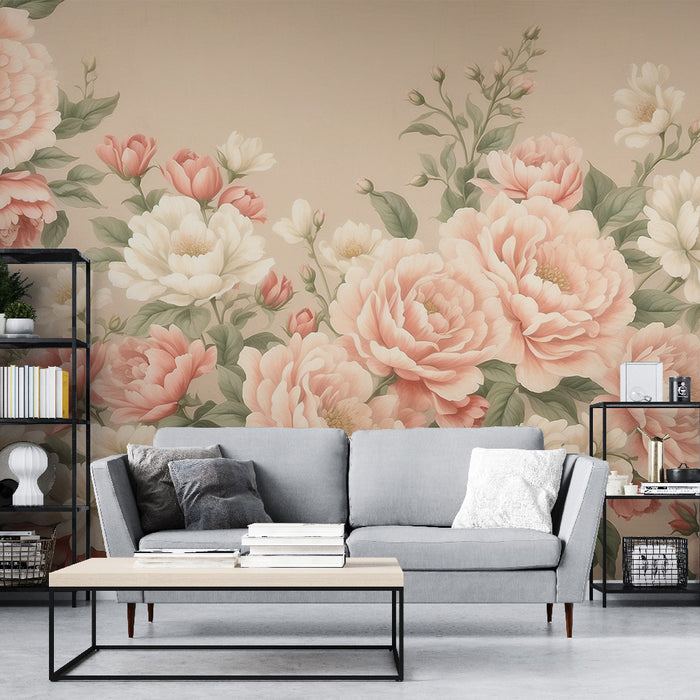 Papier peint fleuri vintage | Fleurs roses et blanches fond neutre
