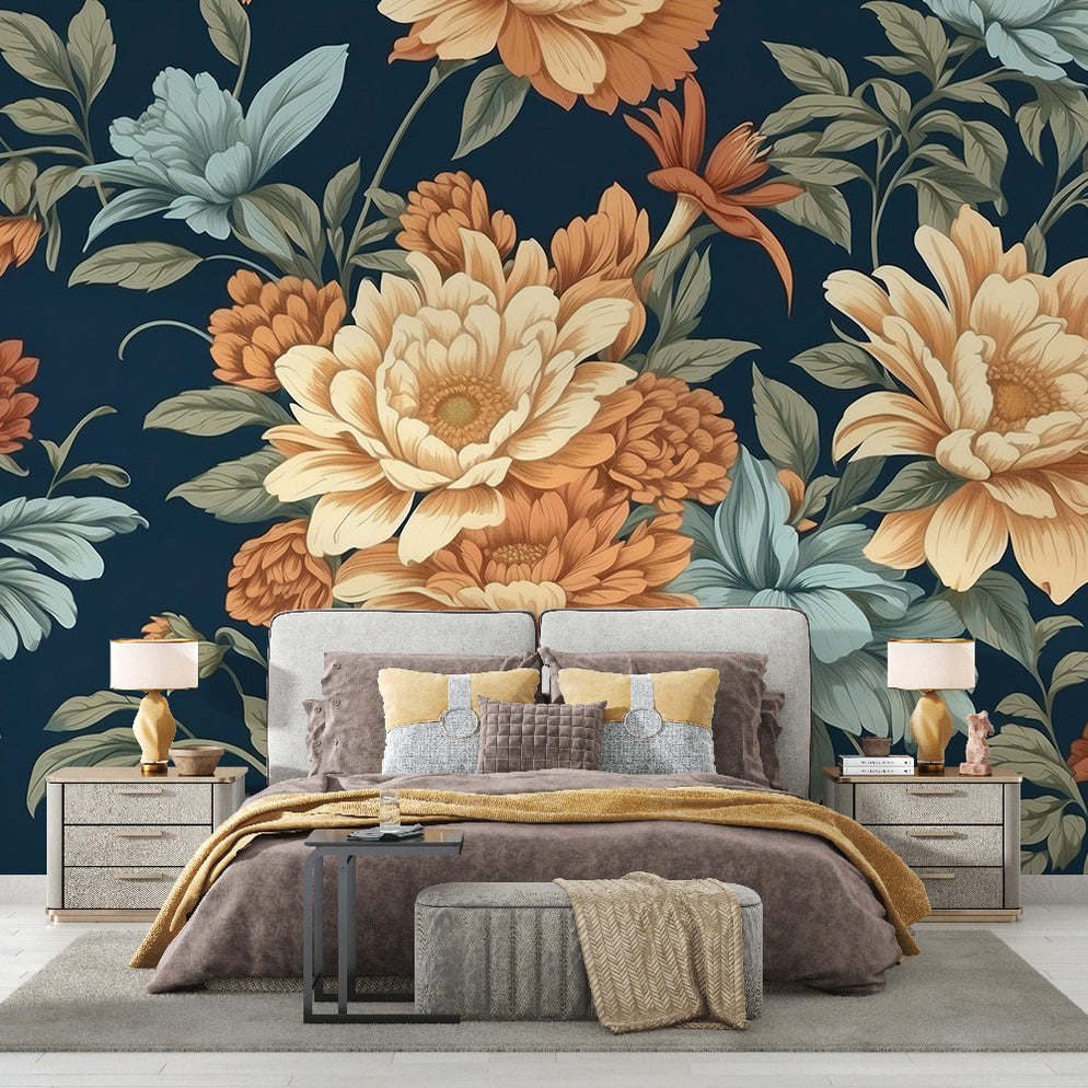 Papier peint fleuri vintage | Fleurs vives sur fond bleu nuit ...