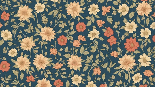 Papier peint floral sur fond bleu profond, avec des motifs de grandes fleurs aux teintes douces et chaleureuses, créant une ambiance romantique et apaisante.