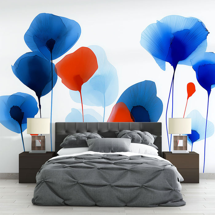 Une chambre moderne avec un papier peint artistique représentant de grandes fleurs translucides aux teintes bleues et rouges, créant une ambiance dynamique et apaisante.