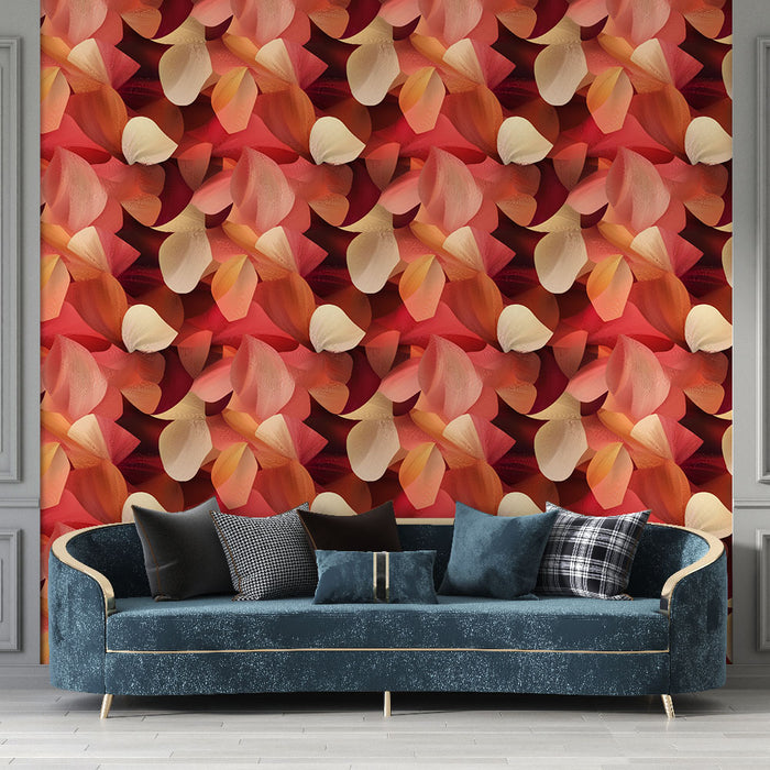 Un salon élégant avec un papier peint floral aux teintes chaudes de rouge, orange et crème, créant une atmosphère chaleureuse et accueillante.